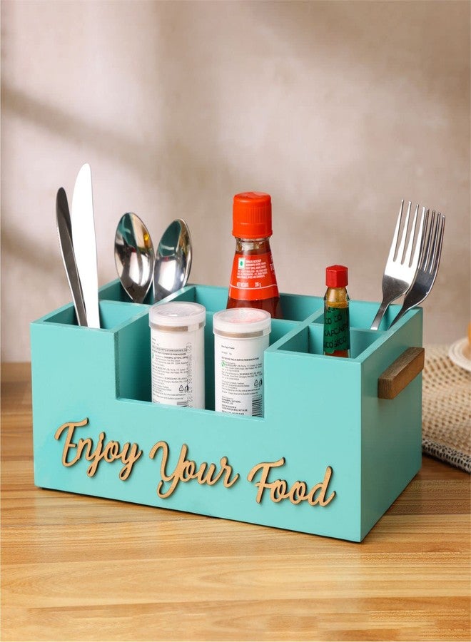 dudki Wooden Dining table Organizer | Cutlery holder | Decorative Caddy Box | Multipurpose (Aqua) - Image 1